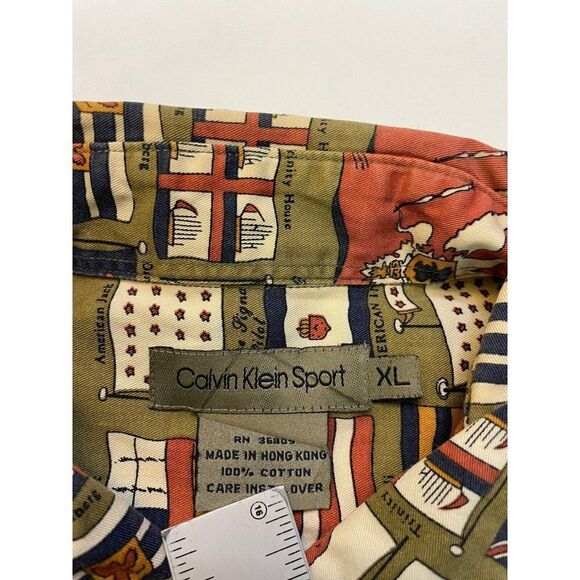 VINTAGE Calvin Klein All Over Flag Print Button Up Shirt Men XL Green 90s - Picture 5 of 6